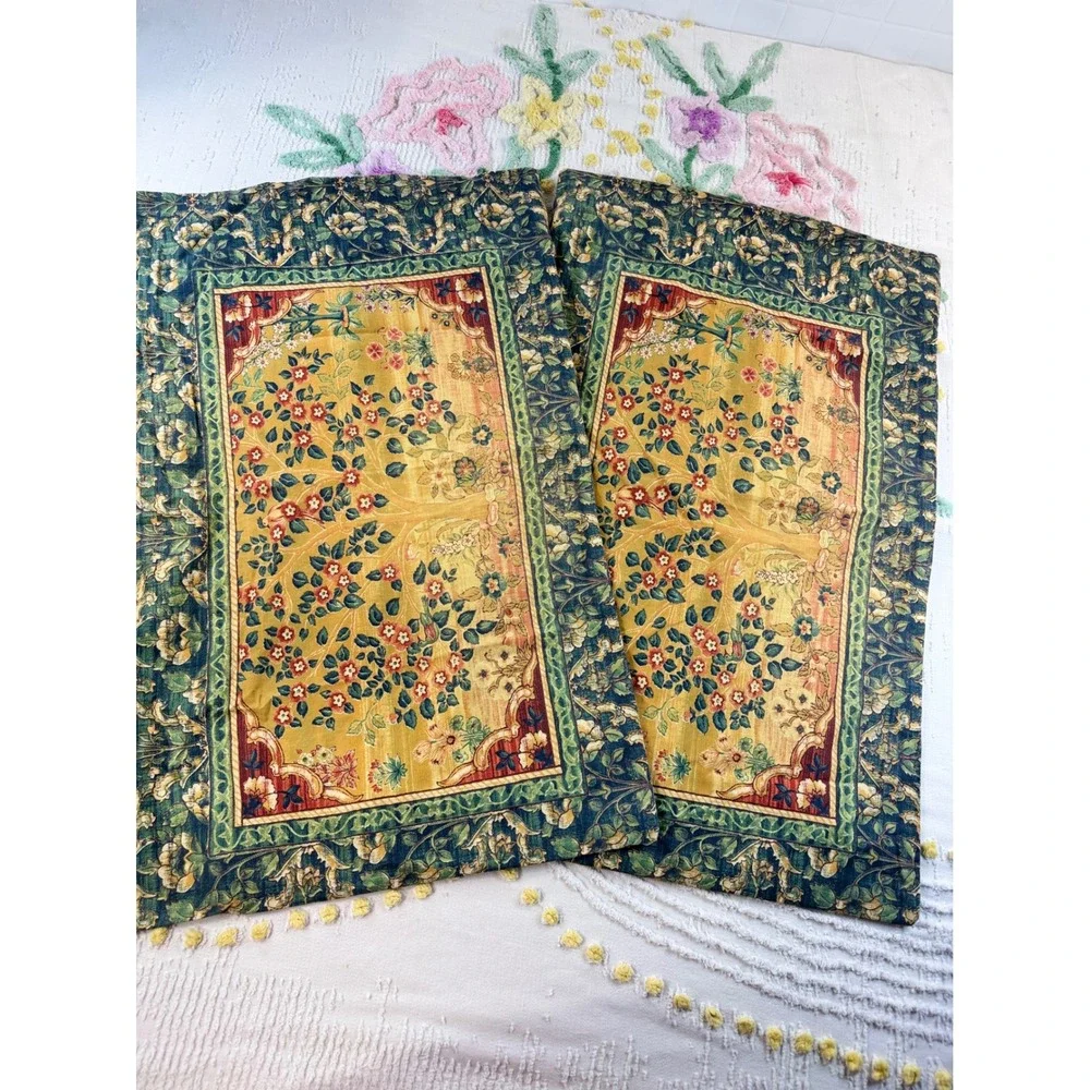 Vintage Floral Tapestry Window Treatment Set 5pc Green Gold Valance Tier Panels